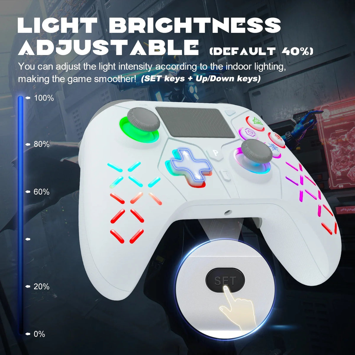 (White) /Slim/Pro Controller Adjustable Compatible with 4 LED Light Wireless for with Playstation RGB PS4,