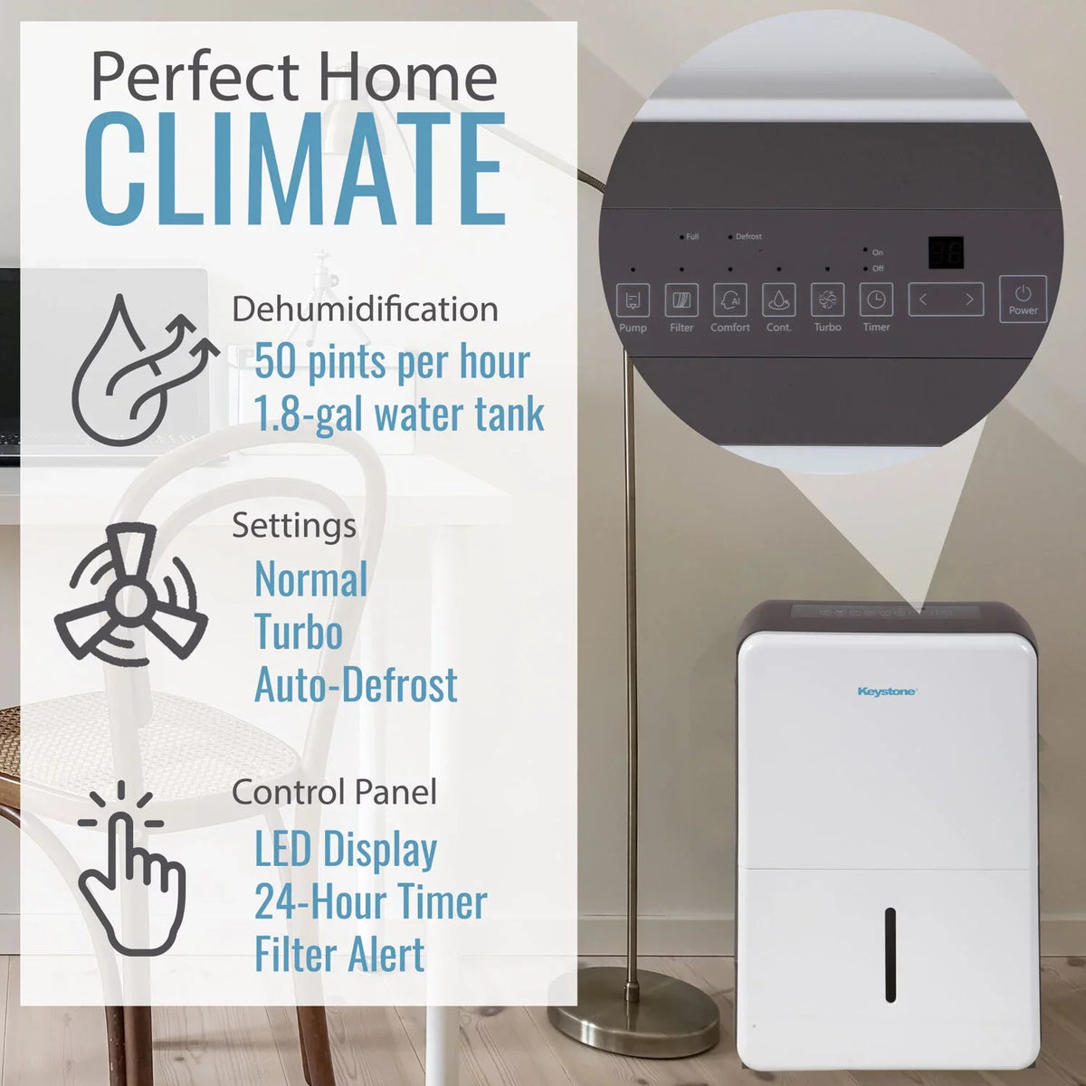 Pint Electronic Pump Dehumidifier Keystone Controls with and 50 Built-In