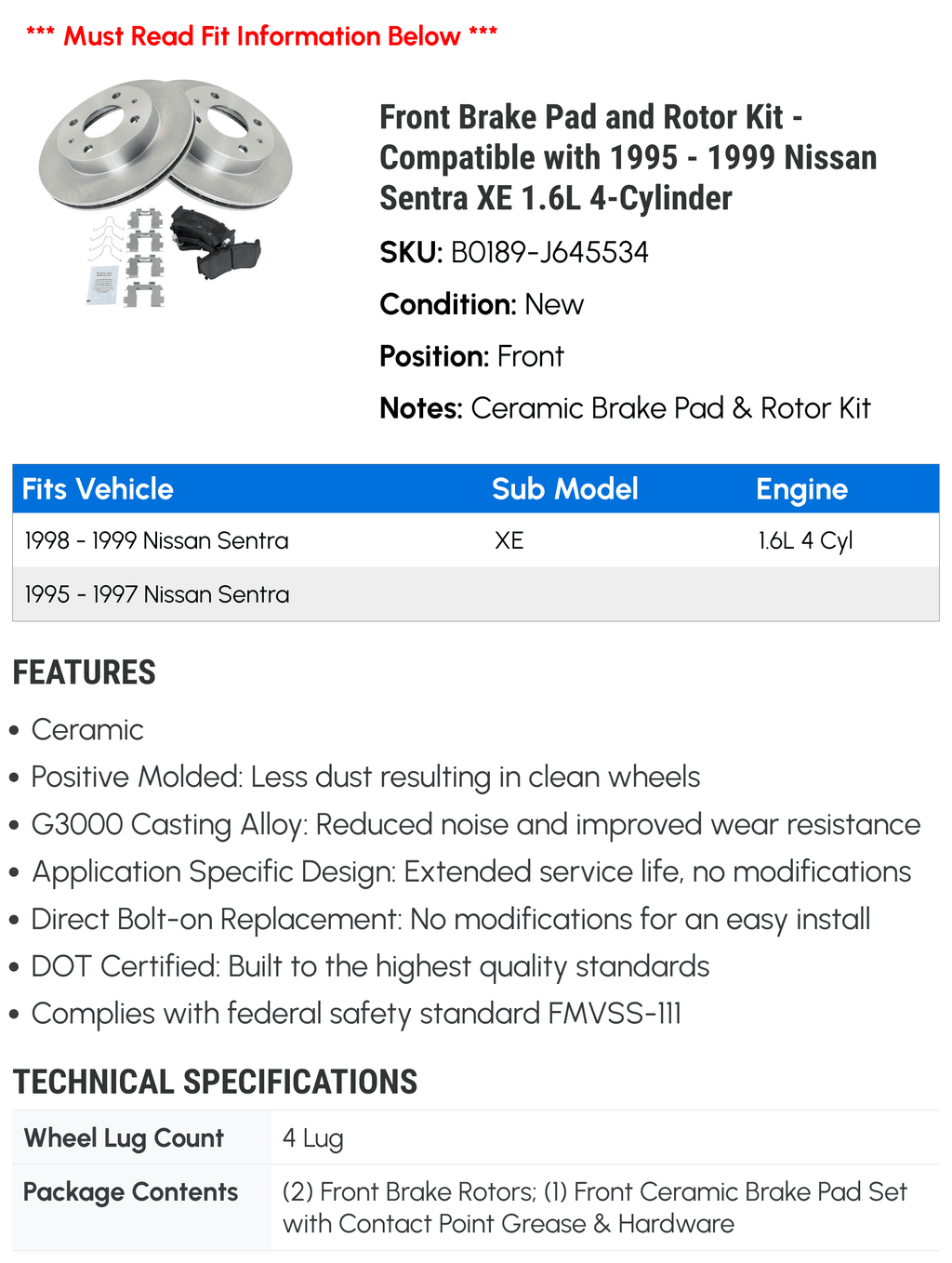 Brake Sentra Pad 1998 Rotor 1995 1997 Compatible - XE and Nissan 1996 1999 1.6L 4-Cylinder Front with Kit -