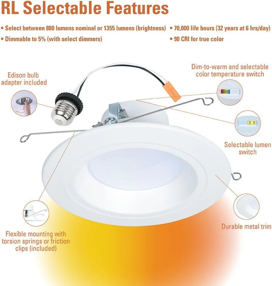 Retrofit Selectable Trim, RL Lumens Retrofit Selectable Ceiling Dim Lumens, Light 900/1200 Baffle Matte Warm, & Downlight, 5/6 HALO White LED to Series CCT inch Recessed Shower and