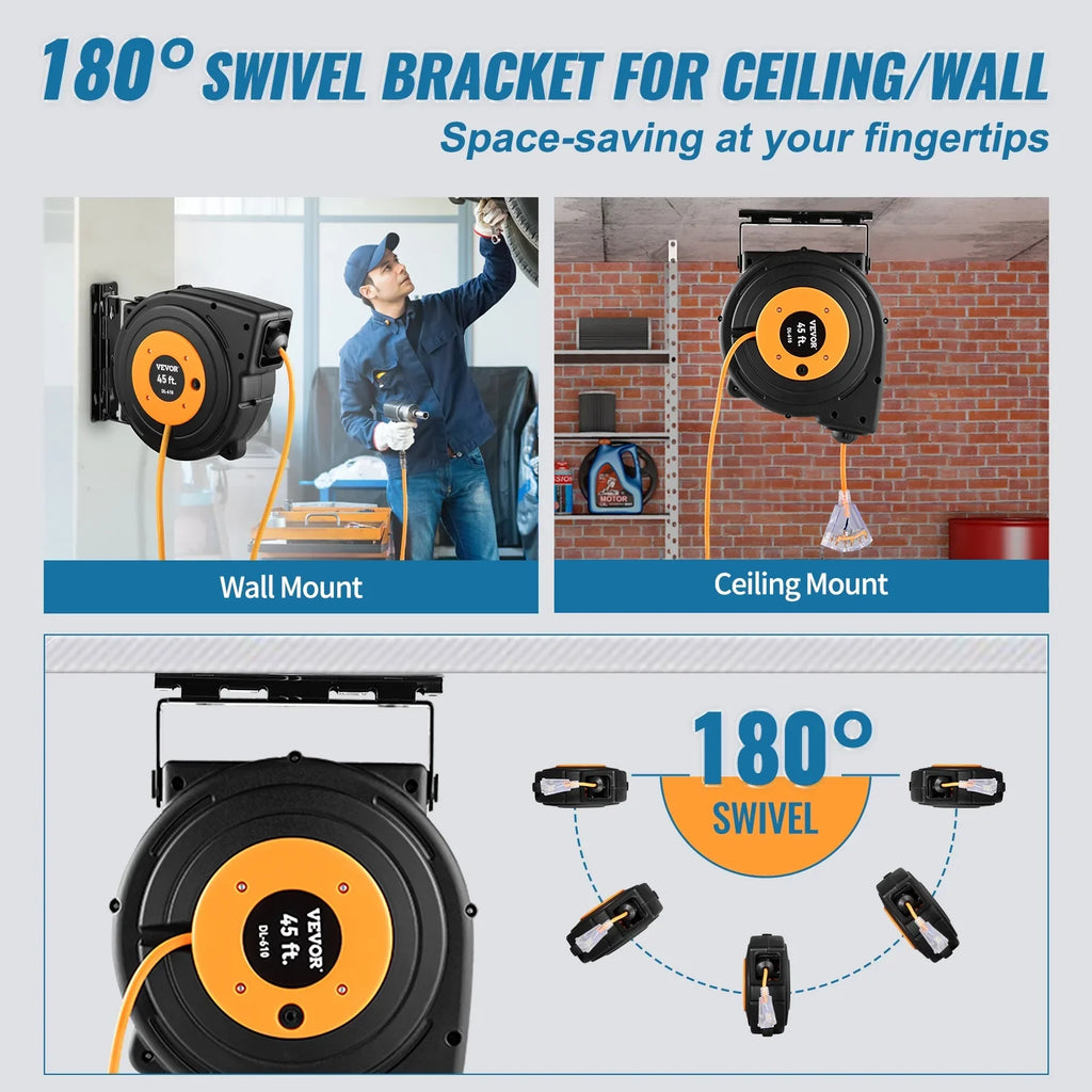 SJTOW Cord Cord BENTISM Retractable Power UL Reel 45FT 12AWG/3C Reel Extension