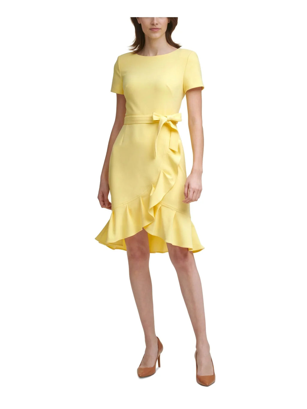 Stretch Tie Neck Sleeve KLEIN Yellow Scuba Tulip Zippered CALVIN Dress Round Ruffled Womens Knee Sheath Sash Crepe Hem 0P Petites Short Party Length