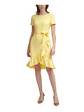 Stretch Tie Neck Sleeve KLEIN Yellow Scuba Tulip Zippered CALVIN Dress Round Ruffled Womens Knee Sheath Sash Crepe Hem 0P Petites Short Party Length