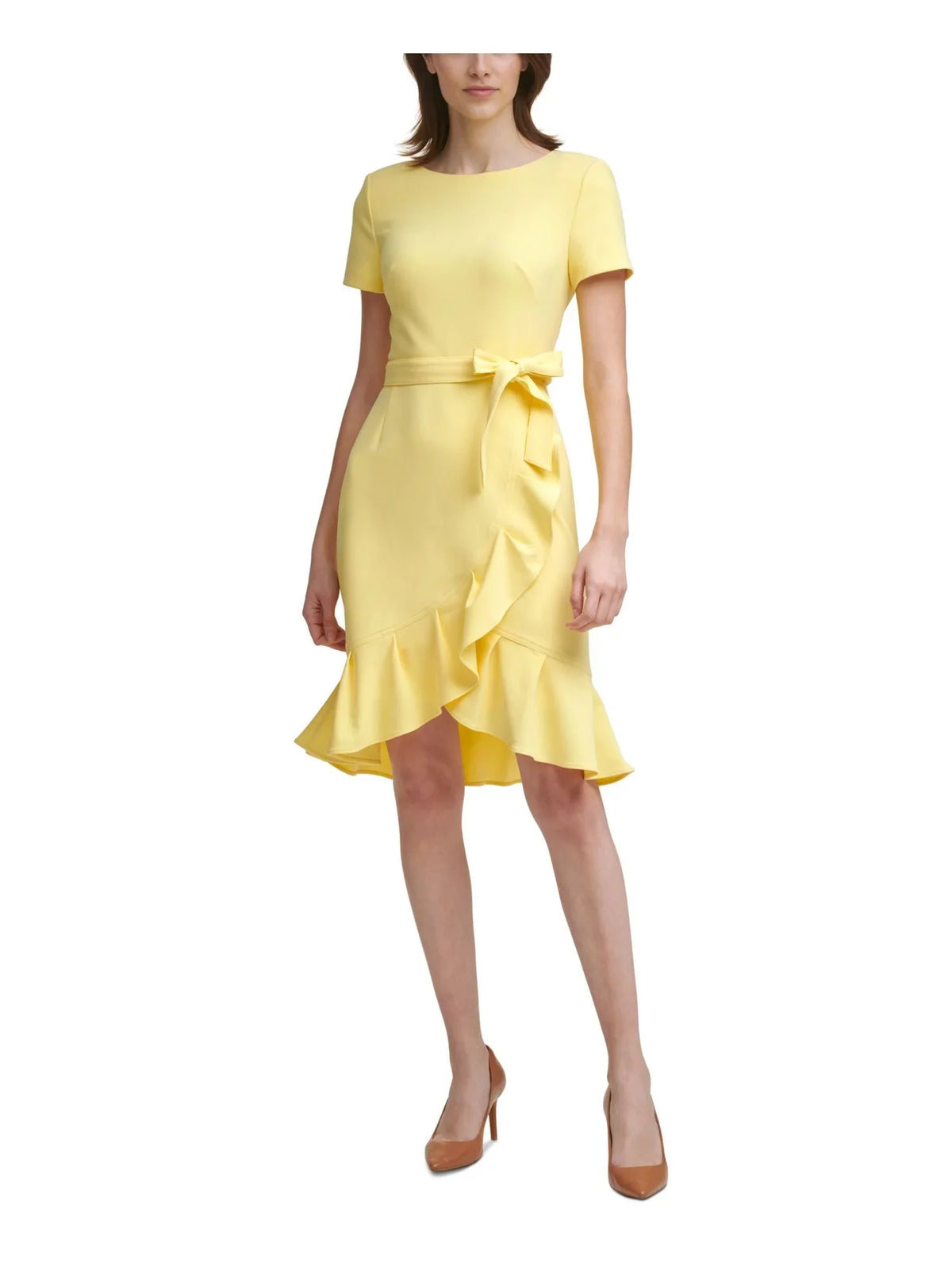 Stretch Tie Neck Sleeve KLEIN Yellow Scuba Tulip Zippered CALVIN Dress Round Ruffled Womens Knee Sheath Sash Crepe Hem 0P Petites Short Party Length