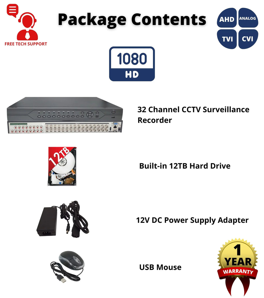 Remote Hard 12TB Analog Security 16x Input Access AHD 1080p Audio with CVI TVI Drive Cameras, Supports Easy 32 Evertech Surveillance (960H) and DVR H.265 Standalone Recorder Channel