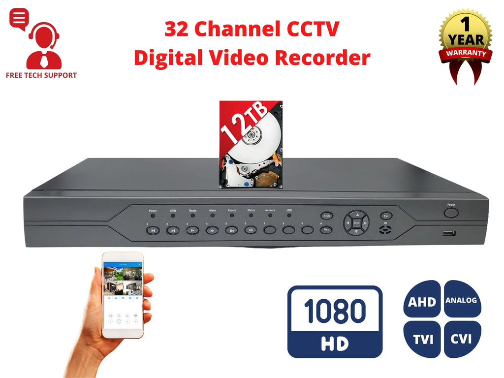 Remote Hard 12TB Analog Security 16x Input Access AHD 1080p Audio with CVI TVI Drive Cameras, Supports Easy 32 Evertech Surveillance (960H) and DVR H.265 Standalone Recorder Channel