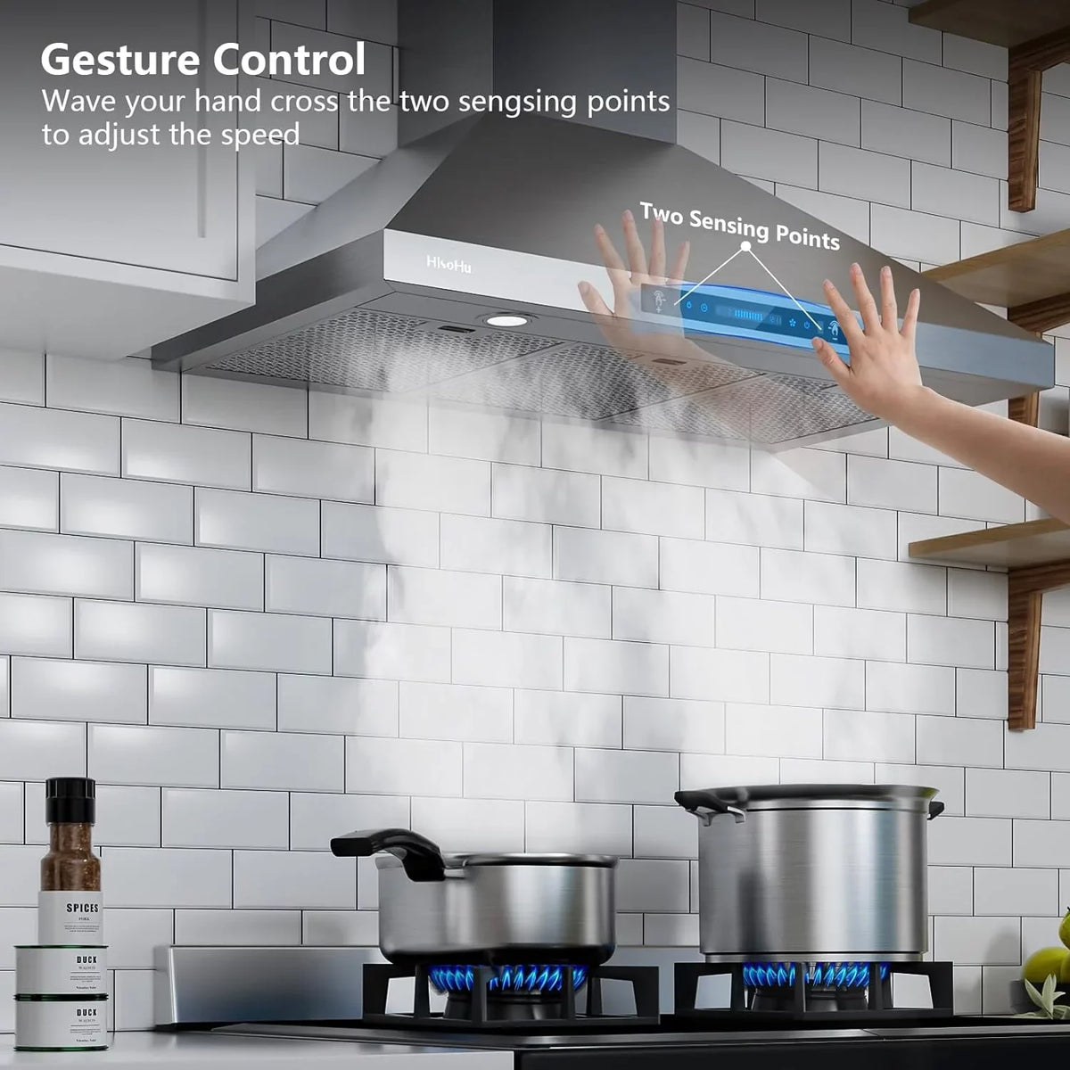 (36 Vent Stainless Inch) with Gesture (Kit CFM Panel, Steel 4 Included), 36 780 Convertible Control Inch Hoods Range Ducted Wall Speed Kitchen HisoHu Ductless Sensing&Touch Mount,