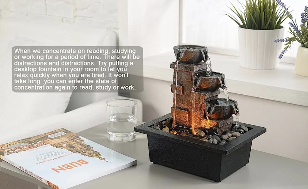 Imitation Waterfall Stone River Tabletop Natural Meditation Relaxing Many Home Wall Décor Fountain(22070) LED Lights Fountain Tabletop Office Rock Fountain 3-Tier GOSSI