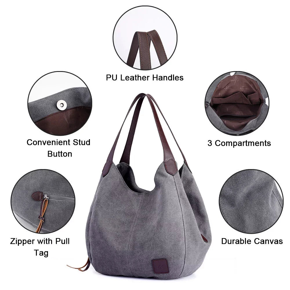 Multi-pockets Hobo Bags Women Handbag Canvas Shoulder Totes MIXFEER Bag Vintage