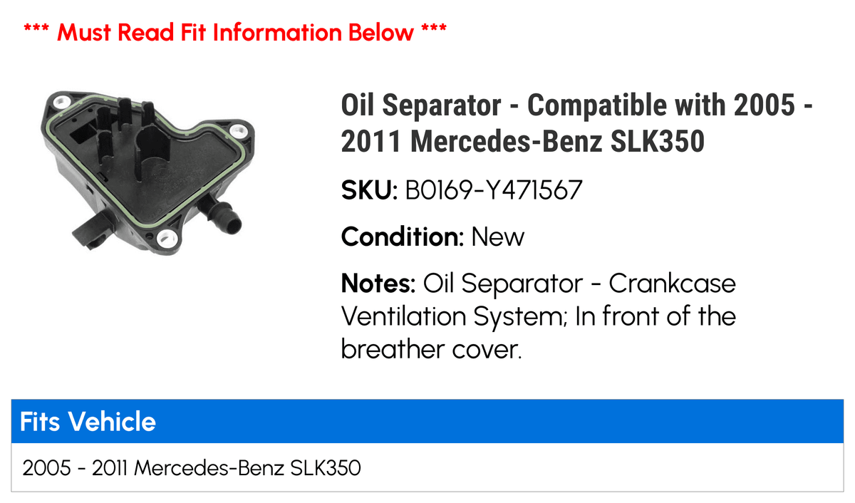 Mercedes-Benz Separator SLK350 2011 Compatible with 2006 2005 2008 2010 2009 Oil 2007 - -