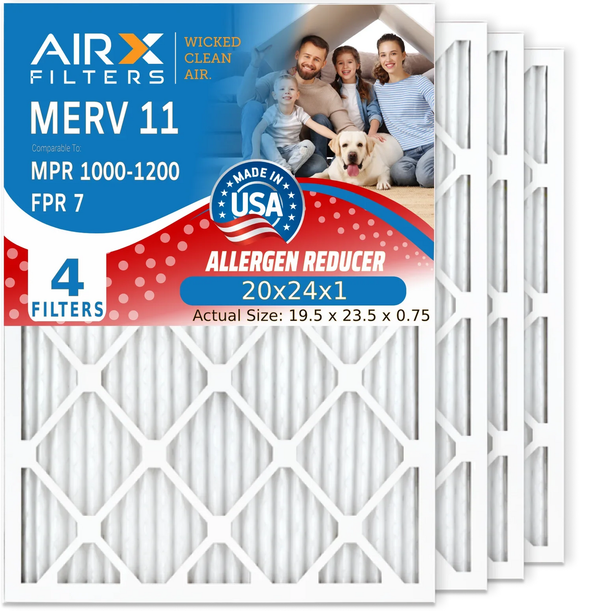 Pleated AIR. to WICKED by USA MPR Made 7 FPR Air 4 20x24x1 Air Filters Comparable 1000, 20x24x1 11 MPR & Furnace Filter Conditioner Premium Electrostatic CLEAN FILTERS 1200 AIRX Filter MERV HVAC Pack