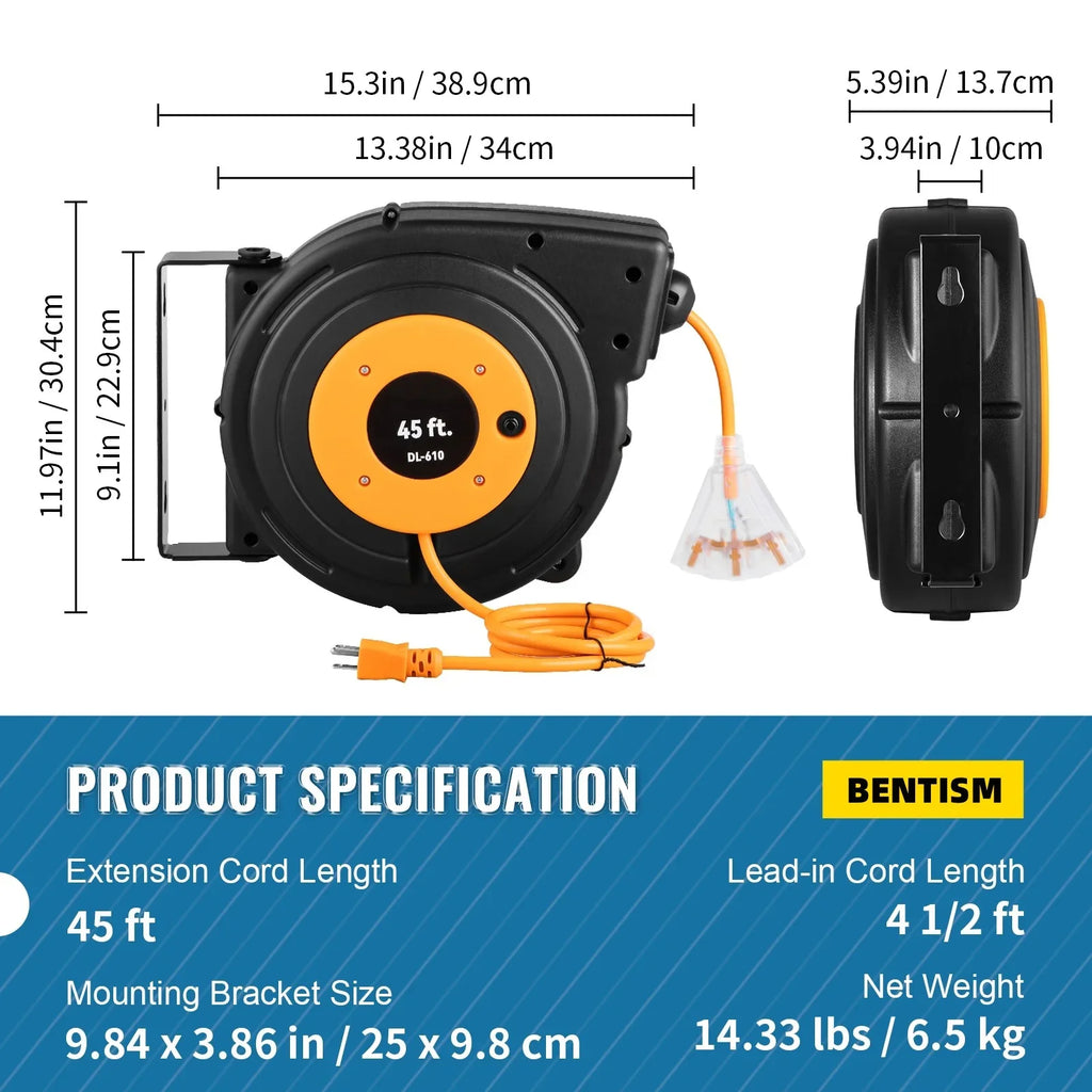 SJTOW Cord Cord BENTISM Retractable Power UL Reel 45FT 12AWG/3C Reel Extension