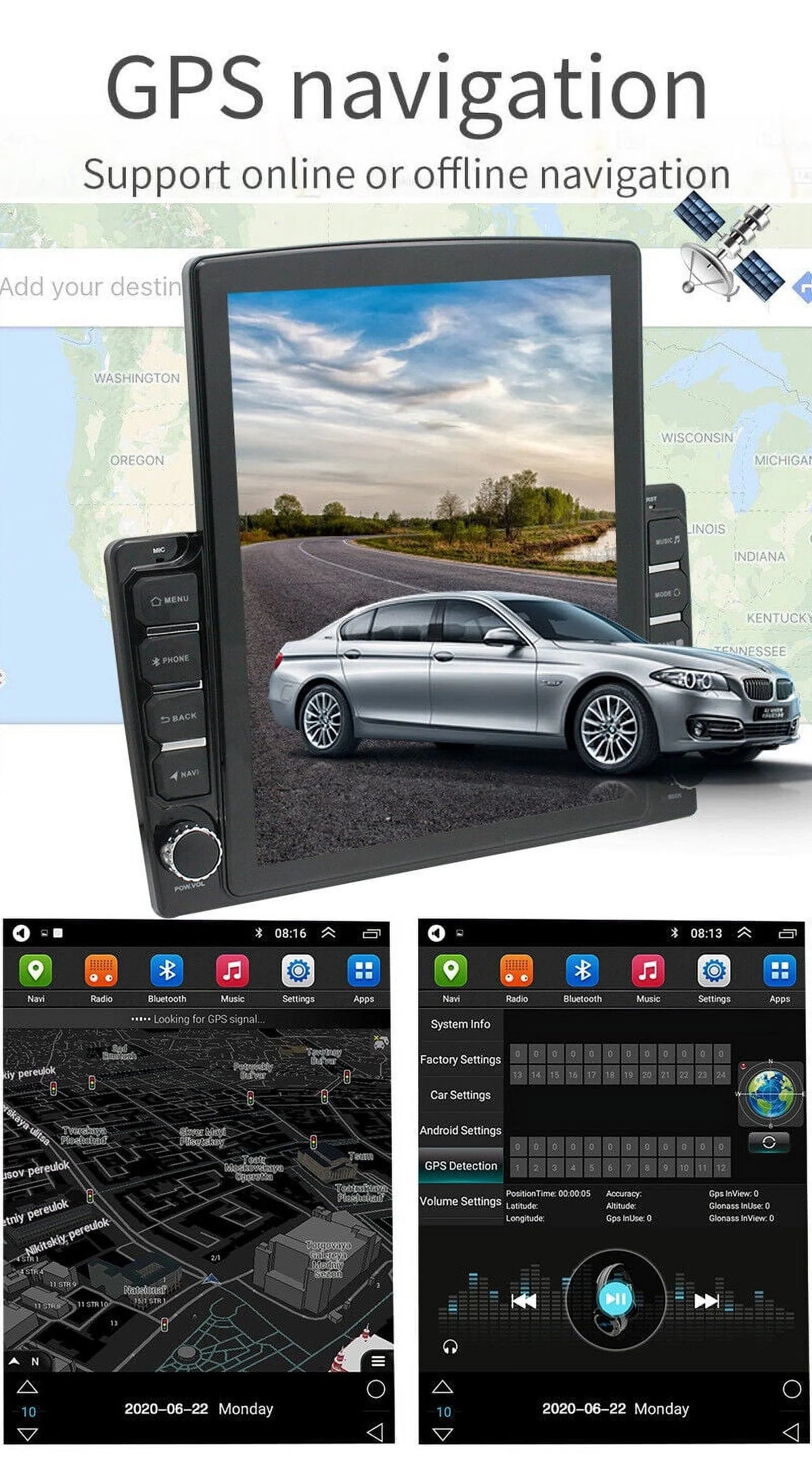 9.7" Screen FM Music GPS Touch Navigation Universal Bluetooth KingFurt Reversing Input Radio Camera Car Stereo