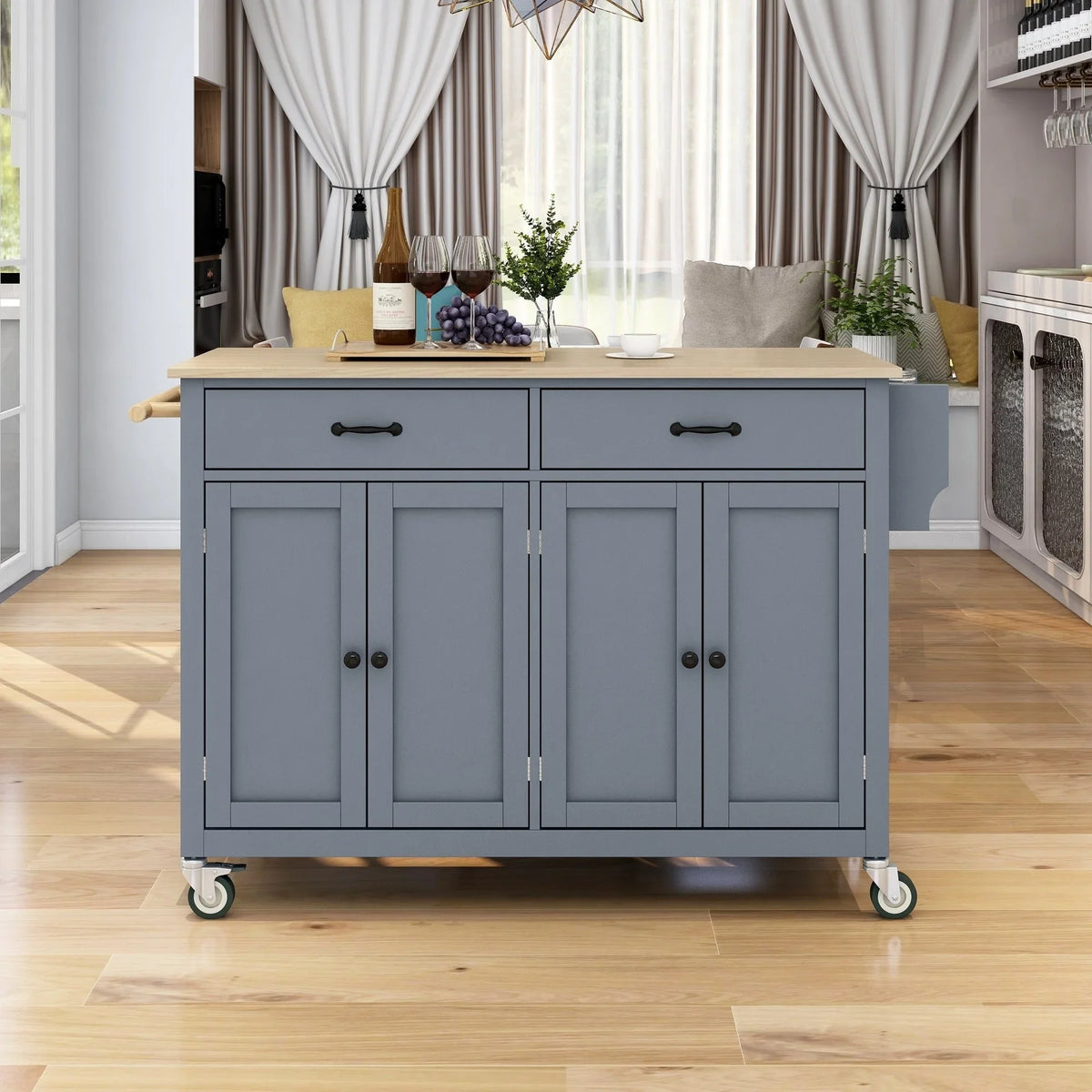 Kitchen Wood Locking - Blue Wheels Grey Top Island Solid Granite with Cart and