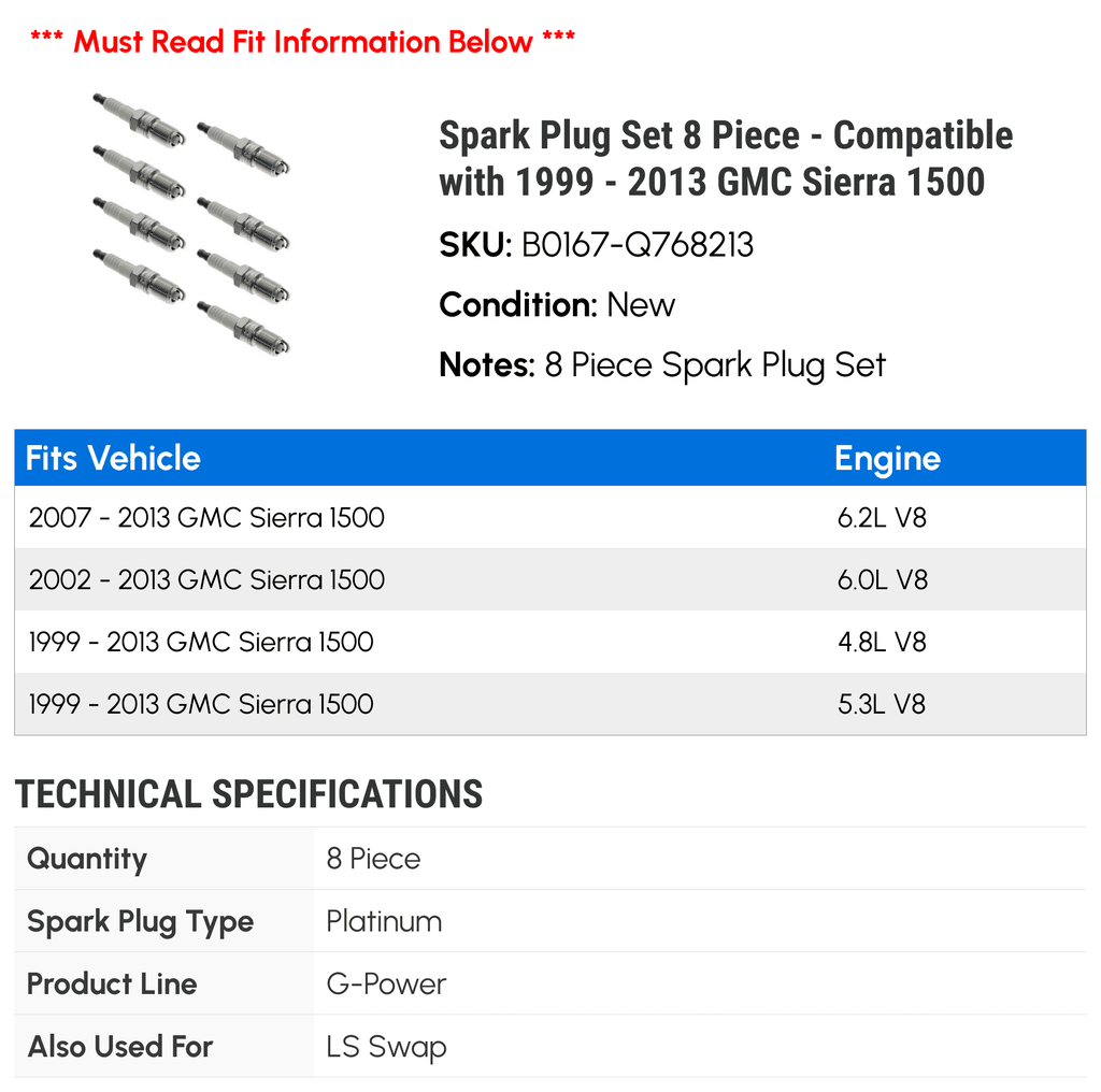 2007 2011 Set - 2010 2006 Plug 2009 2005 2012 2004 Piece 2001 GMC - 2000 2002 8 Compatible Spark 2013 with Sierra 1500 2008 2003 1999