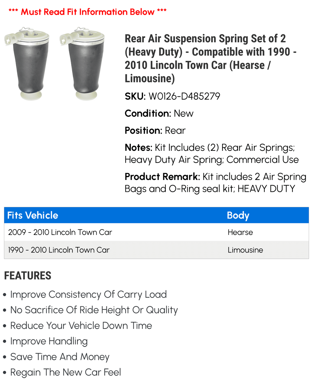 2 Air 2005 (Hearse Suspension 2002 Spring 2006 1997 Compatible 1998 2007 Car 1996 Rear 1995 (Heavy 1990 Town with 2003 / 2000 - Limousine) 2010 1999 2008 of 2001 Duty) Set 1994 Lincoln 2004 -