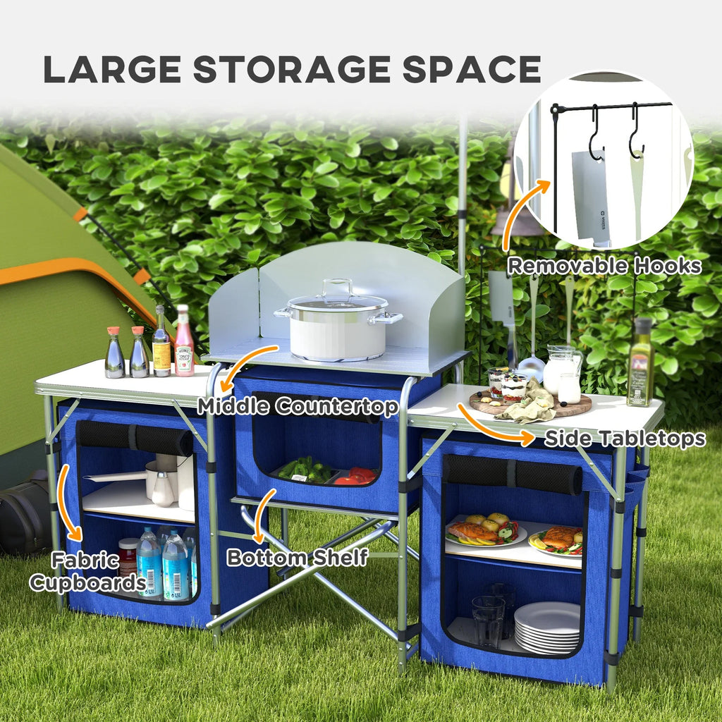 Folding Camping with Cupboards Outsunny Blue Fabric Kitchen Windshield
