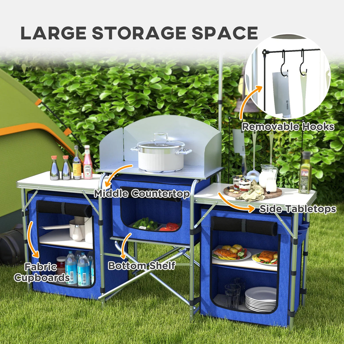 Folding Camping with Cupboards Outsunny Blue Fabric Kitchen Windshield