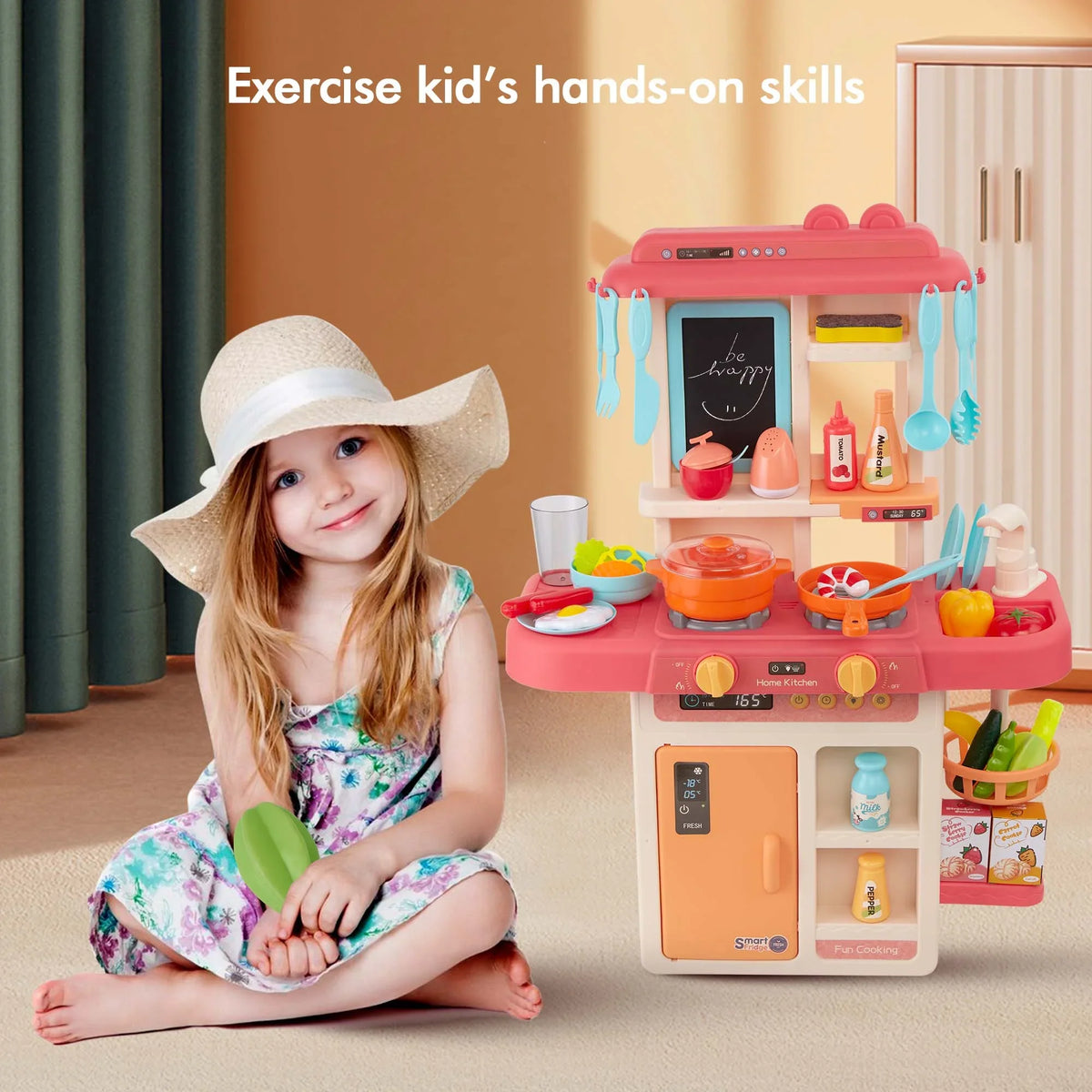 Toys Kids Sounds with Preschool for Educational Toys Kitchen Pink 42-Pack Accessories Toddlers, Girls Toddler Set Kitchen for and Play Toy for Lights, Food, Boys, Pretend Set Real